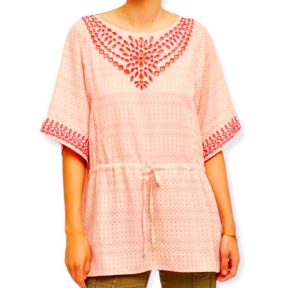 Anthropologie One September Pink & Ivory Euphemia Embroidered Tunic Top, Size M